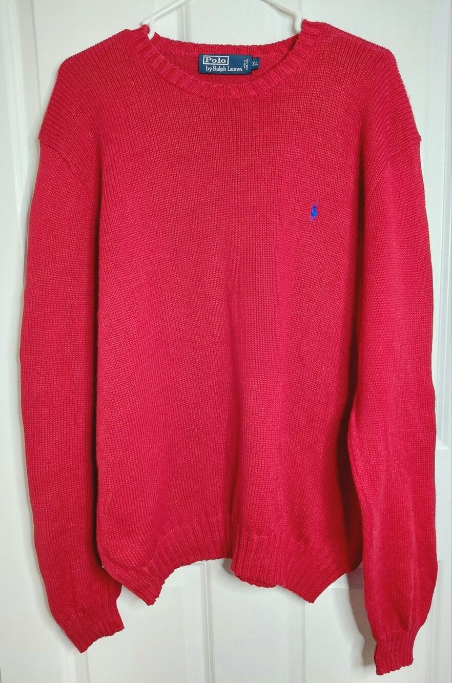 Vintage Polo Ralph Lauren Heavy Knit Crewneck Sweater Red Blue Pony Men's XL 90s